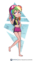 Size: 2979x5453 | Tagged: safe, artist:ohiekhe, rainbow dash, human, equestria girls, equestria girls series, forgotten friendship, g4, abstract background, barefoot, belly button, cap, clothes, feet, female, geode of super speed, hat, human coloration, humanized, magical geodes, midriff, open mouth, patreon, patreon logo, shorts, solo, swimming trunks, swimsuit