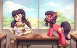 Size: 2400x1500 | Tagged: safe, artist:lucy-tan, oc, oc only, oc:macdolia, earth pony, human, pony, clothes, female, fourth doctor's scarf, humanized, humanized oc, mare, mouth hold, open mouth, pigtails, pocket watch, scarf, screwdriver, self ponidox, smiling, striped scarf