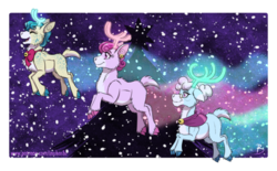 Size: 1024x633 | Tagged: safe, artist:inuhoshi-to-darkpen, alice the reindeer, aurora the reindeer, bori the reindeer, deer, pony, reindeer, g4, my little pony best gift ever, cloven hooves, colored hooves, doe, female, snow, the gift givers, trio