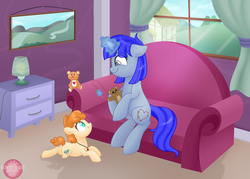 Size: 4647x3329 | Tagged: safe, artist:raspberrystudios, oc, oc only, oc:blueberry, oc:copper, pony, amputee, couch, foal, house, interior, lamp, magic, patreon, patreon reward, photo, sewing, shading, teddy bear, wheelchair, window