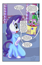 Size: 2050x3126 | Tagged: safe, artist:avionscreator, artist:warpwarp1929, rarity, spike, comic:most beautiful beauty is most natural, g4, bipedal, clothes, comic, female, high res, male, ship:sparity, shipping, straight