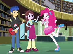 Size: 966x720 | Tagged: safe, screencap, flash sentry, pinkie pie, velvet sky, best trends forever, best trends forever: pinkie pie, equestria girls, g4, my little pony equestria girls: better together, background human, boom mic, clothes, converse, electric guitar, excited, female, geode of sugar bombs, guitar, hoodie, magical geodes, male, microphone, musical instrument, pants, pantyhose, shoes, sneakers