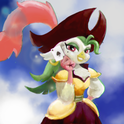 Size: 3720x3720 | Tagged: safe, artist:imoriginalposter, captain celaeno, anthro, g4, my little pony: the movie, ace of spades, beauty mark, ear piercing, earring, female, hat, high res, jewelry, looking at you, piercing, pirate hat, playing card, solo