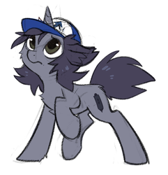 Size: 754x783 | Tagged: safe, artist:hioshiru, oc, oc only, oc:kate, pony, unicorn, baseball cap, cap, chest fluff, dipper pines' hat, gravity falls, hat, horn, horn impalement, male, simple background, sketch, slender, solo, thin, white background