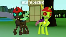 Size: 1920x1080 | Tagged: safe, artist:dracagon, artist:ludwigspectre, artist:sindroom, oc, oc only, oc:berzie, changedling, changeling, 2017, 3d, apple, apple tree, bridge, caption, changeling oc, download at source, duality, duo, english, fangs, food, forest, gmod, grass, hard hat, hat, helmet, house, looking at you, male, model, orchard, outdoors, raised hoof, raised leg, river, self ponidox, sky, smiling, source filmmaker, source filmmaker resource, spread wings, standing, tree, water, wings