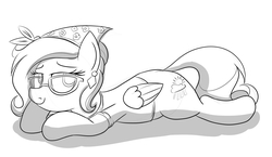 Size: 3318x1927 | Tagged: safe, artist:an-tonio, oc, oc only, oc:rita cloudy, pegasus, pony, clothes, glasses, lying down, monochrome, shirt, solo