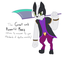 Size: 1600x1200 | Tagged: safe, artist:mightyshockwave, oc, oc:roxy, diamond dog, axe, boston terrier, clothes, deltarune, female, female diamond dog, susie (deltarune), text, trenchcoat, weapon
