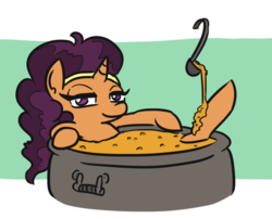 Size: 564x456 | Tagged: safe, artist:jargon scott, saffron masala, pony, unicorn, g4, cauldron, curry, eyelashes, female, food, foodplay, lidded eyes, looking at you, mare, ponies in food, solo