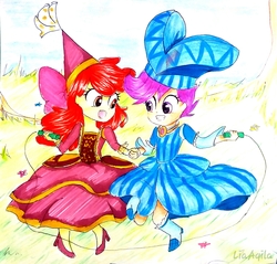 Size: 1428x1365 | Tagged: safe, artist:liaaqila, apple bloom, scootaloo, equestria girls, for whom the sweetie belle toils, g4, adorabloom, boots, clothes, commission, costume, cute, cutealoo, dress, female, hat, hennin, high heels, holding hands, jewelry, jump rope, necklace, paraskirt, princess apple bloom, rope, shoes, skipping, traditional art
