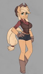 Size: 747x1280 | Tagged: safe, artist:cpwny, applejack, anthro, unguligrade anthro, g4, boots, breasts, busty applejack, clothes, daisy dukes, female, gloves, shirt, shoes, shorts, simple background, smiling, solo, vest