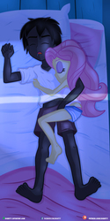Size: 1080x2160 | Tagged: safe, artist:dieart77, fluttershy, oc, equestria girls, g4, barefoot, bed, canon x oc, clothes, commission, cuddling, feet, female, shorts, sleeping
