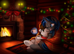 Size: 2494x1816 | Tagged: safe, artist:pridark, oc, oc only, pony, blanket, christmas, christmas tree, commission, cuddling, female, fireplace, high res, holiday, lesbian, magic, mare, oc x oc, one eye closed, shipping, smiling, tree