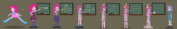 Size: 13936x2289 | Tagged: safe, artist:magerblutooth, maud pie, pinkie pie, mouse, spider, equestria girls, g4, ball, barefoot, boots, chalkboard, clothes, confetti, crystal prep academy uniform, dirty, dust cloud, feet, fun, glasses, hair over eyes, high heel boots, math, mental shift, patch, personality change, pinkamena diane pie, rubik's cube, school uniform, shoes, show accurate, simple background, stick, transformation, transformation sequence, transforming clothes, vector