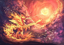 Size: 1280x905 | Tagged: safe, artist:dragonataxia, daybreaker, alicorn, pony, g4, epic, female, glowing eyes, mane of fire, rearing, solo, spread wings, sun, wings