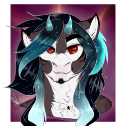 Size: 3000x3000 | Tagged: safe, artist:zakkurro, oc, oc only, oc:hideaki, pony, abstract background, chest fluff, digital art, eye clipping through hair, fangs, grin, high res, horn, looking at you, male, multicolored hair, multicolored mane, red eyes, signature, smiling, solo, stallion, ych result