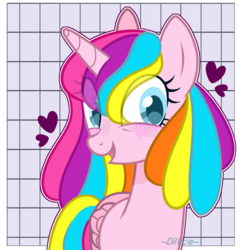 Size: 1457x1513 | Tagged: safe, artist:dillise, oc, oc only, oc:st. pinkie, alicorn, pony, unicorn, abstract background, digital art, eye clipping through hair, female, happy, heart, looking at you, mare, open mouth, signature, solo, ych result