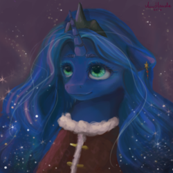 Size: 600x600 | Tagged: safe, artist:anuhanele, princess luna, alicorn, pony, g4, beautiful, clothes, coat, ear piercing, earring, female, jewelry, night, piercing, smiling, snow, solo
