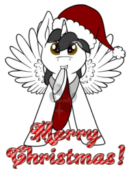 Size: 571x743 | Tagged: safe, artist:marsh-mal-oh, oc, oc only, oc:shiron, alicorn, pony, alicorn oc, christmas, christmas stocking, cute, digital art, hat, holiday, looking at you, male, ocbetes, signature, simple background, smiling, solo, spread wings, stallion, transparent background, wings, ych result