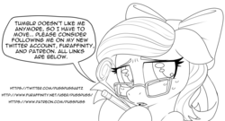 Size: 1280x692 | Tagged: safe, artist:pusspuss, oc, oc only, oc:pink pearl, pony, bow, dialogue, female, floppy ears, freckles, glasses, hair bow, lineart, mare, monochrome, open mouth, paper, pencil, solo, speech bubble, tumblr 2018 nsfw purge