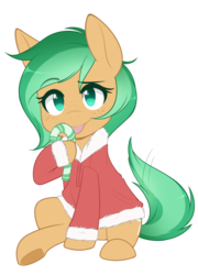 Size: 668x930 | Tagged: safe, artist:higglytownhero, oc, oc only, oc:minty pop, earth pony, pony, candy, candy cane, christmas, clothes, digital art, female, food, holiday, mare, signature, simple background, sitting, solo, sweater, transparent background, ych result