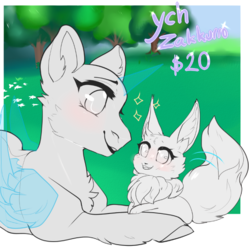 Size: 654x656 | Tagged: safe, artist:zakkurro, oc, oc only, eevee, pony, chest fluff, commission, digital art, ear fluff, female, grass, looking at each other, mare, pokémon, prone, smiling, solo, tree, ych example, your character here