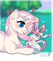 Size: 1024x1178 | Tagged: safe, artist:zakkurro, oc, oc only, oc:crystal dancer, eevee, pony, sylveon, unicorn, blue eyes, chest fluff, commission, digital art, ear fluff, female, grass, happy, looking at each other, mare, pokémon, prone, signature, smiling, solo, tree, ych example, your character here
