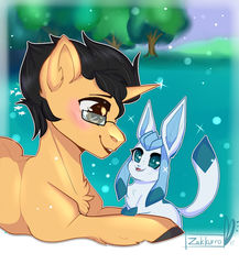 Size: 1024x1178 | Tagged: safe, artist:zakkurro, oc, oc only, eevee, glaceon, pony, unicorn, chest fluff, commission, digital art, ear fluff, glasses, grass, happy, looking at each other, male, pokémon, prone, signature, smiling, solo, stallion, tree, ych result