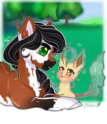 Size: 1024x1178 | Tagged: safe, artist:zakkurro, oc, oc only, earth pony, eevee, leafeon, pony, chest fluff, commission, digital art, ear fluff, female, grass, green eyes, happy, looking at each other, mare, pokémon, prone, signature, smiling, solo, tree, ych result
