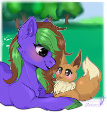 Size: 1024x1178 | Tagged: safe, artist:zakkurro, oc, oc only, oc:narachi, earth pony, eevee, pony, chest fluff, commission, digital art, ear fluff, female, grass, happy, looking at each other, mare, multicolored hair, multicolored mane, pokémon, prone, signature, smiling, solo, tree, ych result