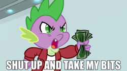 Size: 4092x2304 | Tagged: safe, artist:koeper, editor:mennydrives, spike, g4, attack of the killer app, futurama, male, meme, shut up and take my money