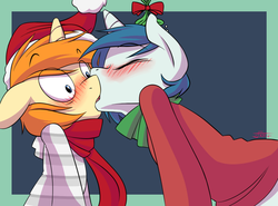 Size: 1262x933 | Tagged: safe, artist:jarwis, oc, oc only, oc:jarv, oc:whoop, pony, unicorn, adventure in the comments, blushing, christmas, clothes, cute, discussion in the comments, featured image, french kiss, gay, hat, holiday, human shoulders, kissing, male, misleading thumbnail, mistletoe, not shining armor, oc x oc, santa hat, scarf, shipping, surprise kiss, surprised