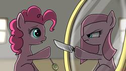 Size: 1920x1080 | Tagged: safe, artist:phoenixrk49, pinkie pie, earth pony, pony, g4, candy, duality, eye contact, female, filly, food, frown, glare, hoof hold, knife, lollipop, looking at each other, mare, mirror, missing cutie mark, pinkamena diane pie, self ponidox, younger
