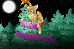 Size: 3685x2423 | Tagged: safe, artist:schokocream, oc, oc only, oc:eagle tale, pegasus, pony, chest fluff, christmas, christmas tree, commission, ear fluff, female, full moon, high res, holiday, moon, night, outdoors, pegasus oc, smiling, solo, stars, tree, ych result