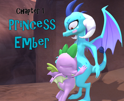Size: 1316x1080 | Tagged: safe, artist:papadragon69, part of a set, princess ember, spike, dragon, comic:spike's cyosa, g4, 3d, blushing, chapter image, duo, female, hug, male, part of a series, source filmmaker, winged spike, wings