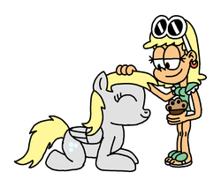Size: 1300x1100 | Tagged: safe, artist:blackrhinoranger, derpy hooves, human, pegasus, pony, g4, anatomically incorrect, behaving like a dog, crossover, food, incorrect leg anatomy, leni loud, muffin, petting, size difference, the loud house
