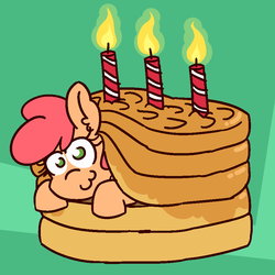 Size: 900x900 | Tagged: safe, artist:threetwotwo32232, oc, oc only, oc:wafflecakes, earth pony, pony, 3, birthday, birthday cake, cake, female, food, looking at you, mare, solo, waffle