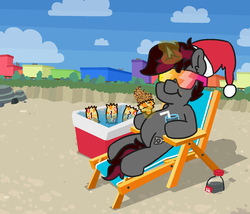 Size: 1280x1097 | Tagged: safe, artist:threetwotwo32232, oc, oc only, oc:aneroid hydrolock, pony, unicorn, beach, beach chair, chair, christmas, cooler, golden gaytime, hat, holiday, levitation, magic, santa hat, solo, sunglasses, telekinesis