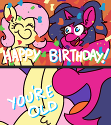 Size: 800x900 | Tagged: safe, artist:threetwotwo32232, fluttershy, oc, pegasus, pony, unicorn, g4, birthday, confetti, dialogue, female, mare, solo, text