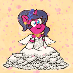 Size: 1100x1100 | Tagged: safe, artist:threetwotwo32232, oc, oc only, oc:fizzy pop, pony, unicorn, clothes, dress, female, flower, flower in hair, flower petals, jewelry, mare, solo, wedding dress