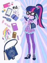 Size: 892x1200 | Tagged: safe, artist:sapphiregamgee, sci-twi, twilight sparkle, equestria girls, equestria girls series, aspirin, bag, book, brush, button, cellphone, charger, clothes, commissioner:shortskirtsandexplosions, fashion, female, geode of telekinesis, glasses, magical geodes, nail file, notebook, pantyhose, pencil, pencil case, phone, ponytail, purse, smartphone, solo, wallet