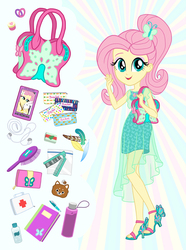 Size: 892x1200 | Tagged: safe, artist:sapphiregamgee, angel bunny, fluttershy, equestria girls, equestria girls series, bag, book, clothes, comb, commissioner:shortskirtsandexplosions, fashion, feet, female, geode of fauna, high heels, magical geodes, open-toed shoes, purse, shoes, toes