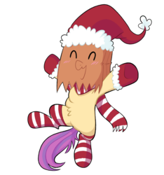 Size: 850x910 | Tagged: safe, artist:sleepycosmonaut, oc, oc:paper bag, earth pony, pony, christmas, clothes, commission, female, gloves, happy, hat, holiday, mare, paper bag, santa hat, scarf, simple background, socks, stockings, striped socks, thigh highs, transparent background, ych result
