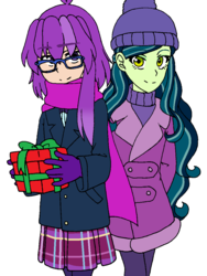 Size: 876x1167 | Tagged: safe, artist:fantasygerard2000, oc, oc only, oc:belladonna nightshade, oc:magus eveningstar, equestria girls, g4, beanie, christmas, clothes, coat, glasses, hat, holiday, jacket, pantyhose, pleated skirt, present, simple background, skirt, smiling, white background