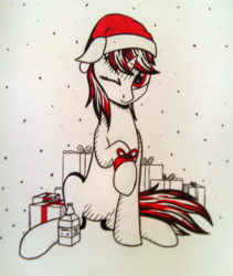 Size: 906x1073 | Tagged: safe, artist:adagiostring, oc, oc:blackjack, pony, fallout equestria, fallout equestria: project horizons, christmas, holiday, looking at you, present, sketch, snow, traditional art
