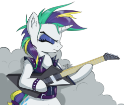 Size: 2880x2456 | Tagged: safe, artist:danli69, rarity, pony, unicorn, semi-anthro, g4, alternate hairstyle, arm hooves, eyes closed, female, guitar, guitarity, high res, mare, musical instrument, punk, raripunk, rock (music), solo