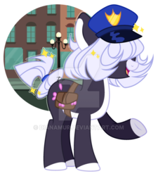 Size: 600x667 | Tagged: safe, artist:dianamur, oc, oc only, earth pony, pony, deviantart watermark, female, hair over eyes, hat, mare, obtrusive watermark, solo, watermark