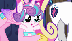 Size: 1280x720 | Tagged: safe, screencap, princess cadance, princess flurry heart, shining armor, pony, g4, my little pony best gift ever, adorable face, baby, baby pony, cooing, cuddly, cute, cuteness overload, cutest pony alive, cutest pony ever, daaaaaaaaaaaw, female, filly, flurrybetes, foal, hnnng, huggable, hugs needed, smiling, solo focus, spread hooves, weapons-grade cute