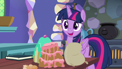 Size: 1280x720 | Tagged: safe, screencap, twilight sparkle, alicorn, pony, g4, my little pony best gift ever, book, cake, cauldron, female, flour, food, kitchen, mare, oven, solo, table, twilight sparkle (alicorn)