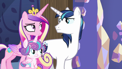 Size: 1280x720 | Tagged: safe, screencap, princess cadance, princess flurry heart, shining armor, alicorn, pony, g4, my little pony best gift ever, family, female, filly, foal, male, mare, raised eyebrow, stallion, trio