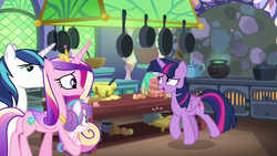 Size: 1280x720 | Tagged: safe, screencap, princess cadance, princess flurry heart, shining armor, twilight sparkle, alicorn, pony, best gift ever, g4, cake, cauldron, family, female, filly, foal, food, frying pan, kitchen, male, mare, oven, pudding, puddinghead's pudding, rolling pin, sisters-in-law, stallion, table, twilight sparkle (alicorn)